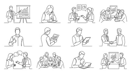 Fototapeta premium Business people line art set featuring office meetings and presentations