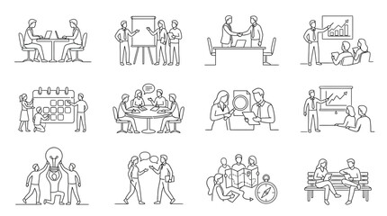 Obraz premium Business people office scenes line art vector illustration collection