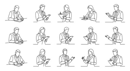 Obraz premium Business people writing on clipboards continuous line art set