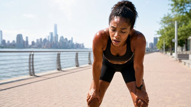 Exhausted female runner catching her breath on a city waterfront path. Tired athletic woman sweating after an intense outdoor workout on a hot summer day