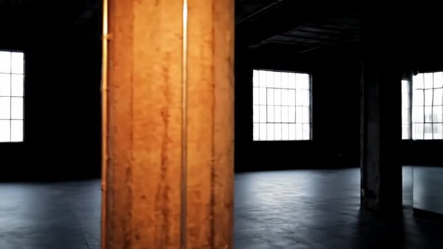 Dark industrial warehouse interior with bright windows and shadows.