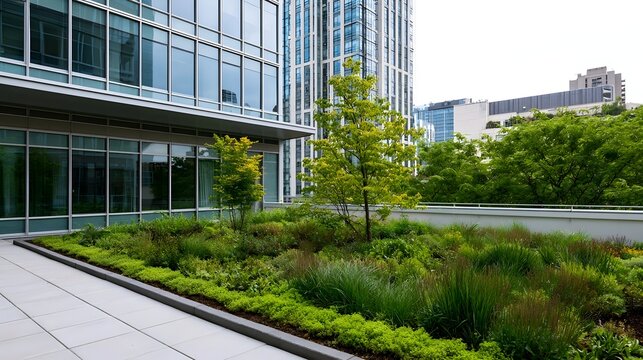 Modern glass building with rooftop garden featuring diverse plants  trees  and urban landscaping under bright sky