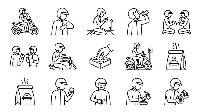 Delivery courier daily routine and meal break icon set