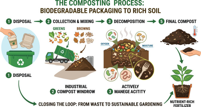Composting Process Infographic: Turning Waste into Nutrient-Rich Soil through Biodegradable Packaging and Sustainable Practices Effectively