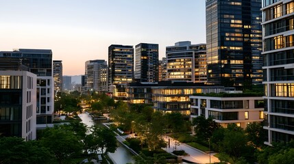 Naklejka premium Modern urban skyline at dusk with illuminated glass buildings green trees and a calm waterway under clear sky