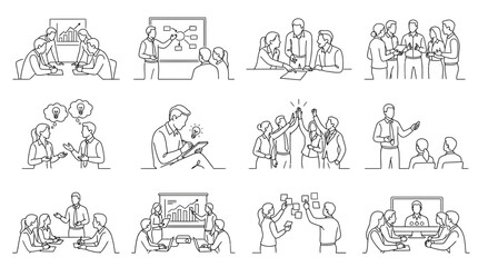 Fototapeta premium Minimalist business line art set featuring teamwork and office meetings