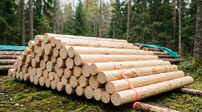 Pile of debarked logs secured with orange straps in a forest. Stack of harvested timber on mossy ground. Forestry and wood industry concept