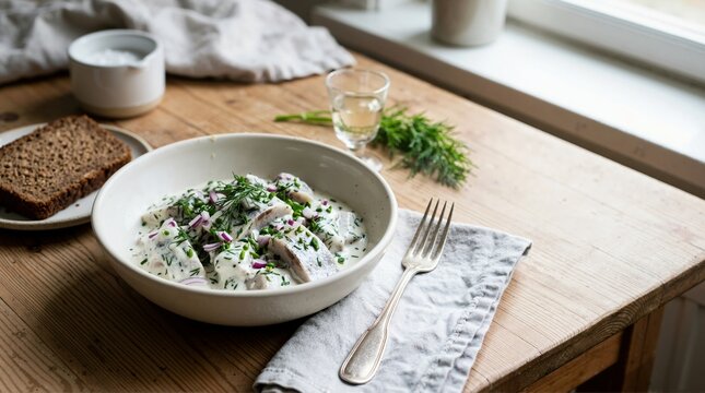 Pickled herring in sour cream sauce garnished with dill and red onion. Traditional Nordic fish appetizer with rye bread and a glass of vodka on a wooden table