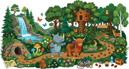 Cute baby rhino and highland cow hiking in enchanted forest with treehouse waterfall cave and wild animals vector illustration © Mohammad