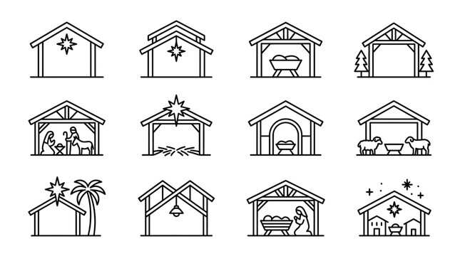 Minimalist nativity stable line icon set for holiday design