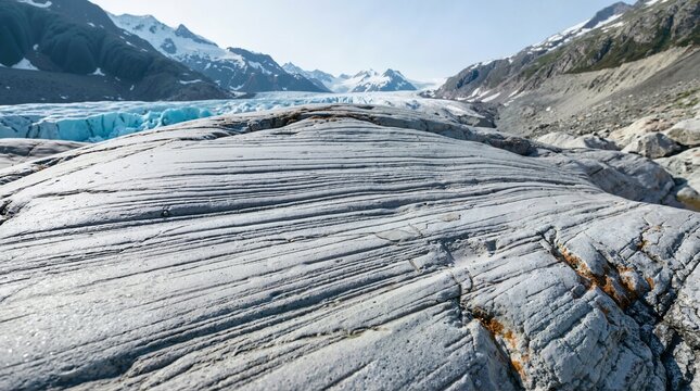 Glacial striations on grey bedrock with a glacier in the background. Geological erosion lines on rock in a mountain landscape