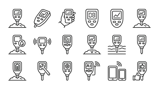 Set of digital soil moisture meter and pH tester line icons