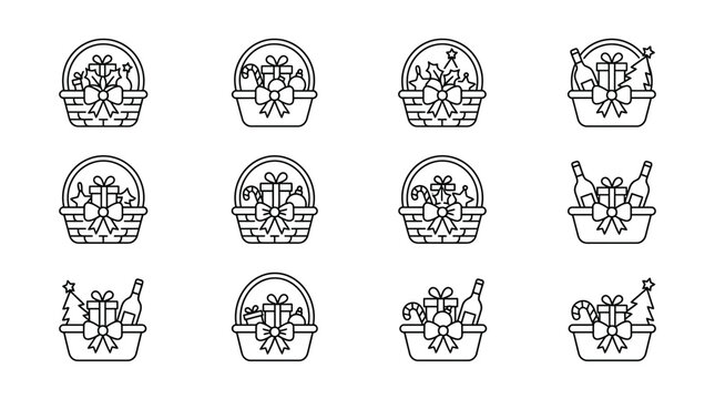 Set of gift hamper line icons for seasonal holiday celebrations