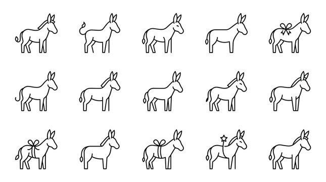 Set of minimalist donkey line art icons for design projects