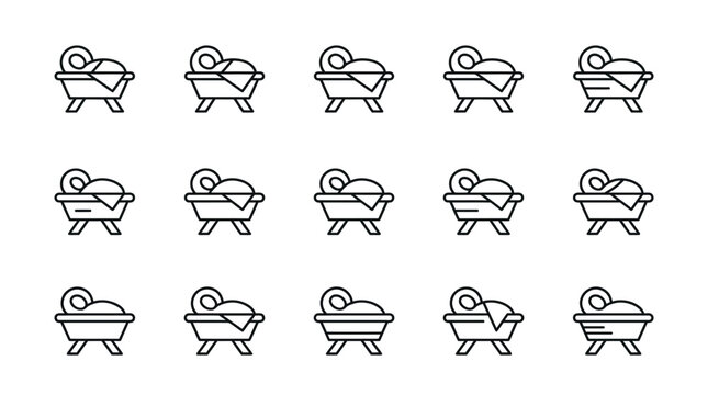 Set of minimalist baby in manger line icons for nativity scenes