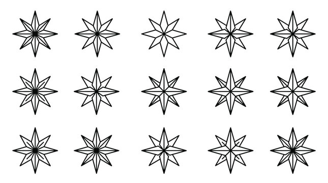 Set of fifteen minimalist geometric eight-pointed star line icons