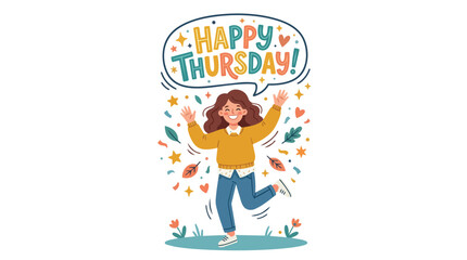 Fototapeta premium Joyful Young Girl Jumping and Celebrating Happy Thursday Greeting with Colorful Autumn Leaves and Sparkly Stars
