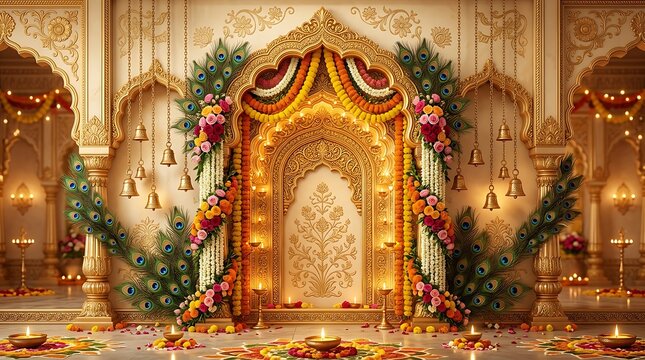 Beautifully decorated hindu wedding mandap with garlands and lights