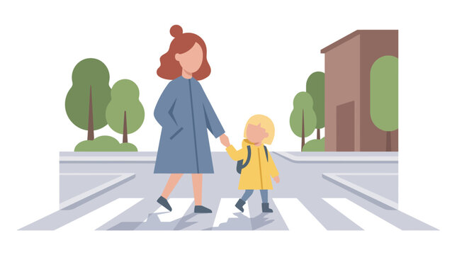 Mother and Child Walking on a Zebra Crossing
