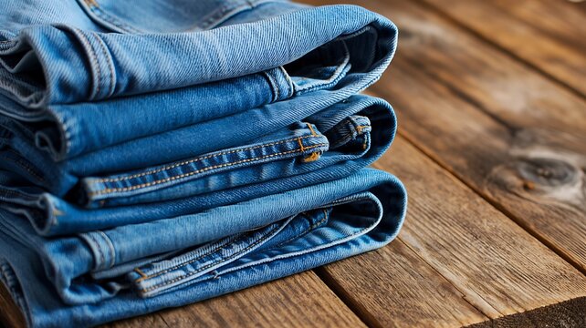 Folded blue denim jeans arranged on a rustic wooden surface