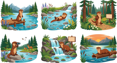 Fototapeta premium Cute cartoon otter vector illustration collection swimming hiking and exploring wilderness river and forest habitats