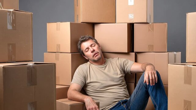 Exhausted man sleeping against stack of cardboard boxes. Tired worker resting in warehouse during relocation. Panning and tilting camera movement.