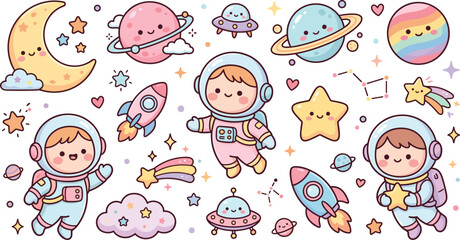 Cute kawaii space element set featuring baby astronauts rockets smiling planets stars and ufo spaceships in pastel colors © Mohammad