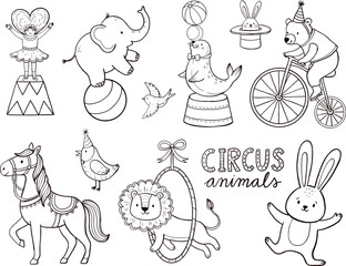 Fototapeta premium Circus animals and performers line collection, black and white set