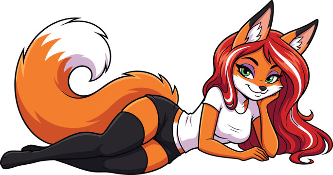 Cartoon illustration of a cute anthropomorphic female fox character lounging on white background