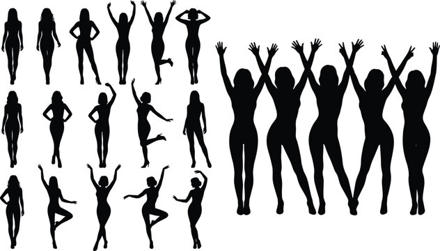 Collection of diverse female silhouettes posing and dancing in various happy active styles