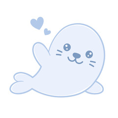 Fototapeta premium Cute kawaii baby white seal waving hand with heart elements transparent png