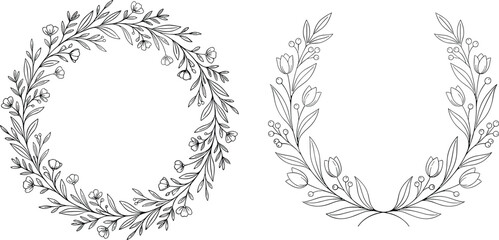 Obraz premium Hand drawn floral wreaths and botanical frames for elegant wedding invitation