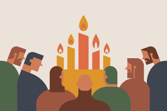 Group of people gathered around a menorah with lit candles, flat vector illustration
