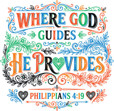 Where god guides he provides religious typography quote with floral vine flourishes hearts and spiritual scripture elements on transparent background for christian apparel and wall decor graphics.