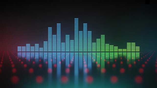 Colorful digital equalizer bars with glowing reflections on a dark background