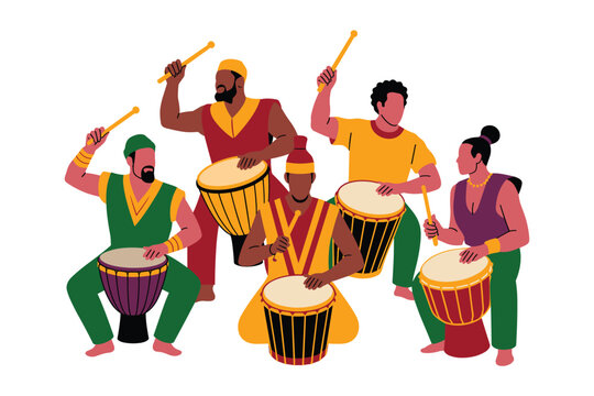 Group of african drummers playing traditional djembe drums, vector illustration