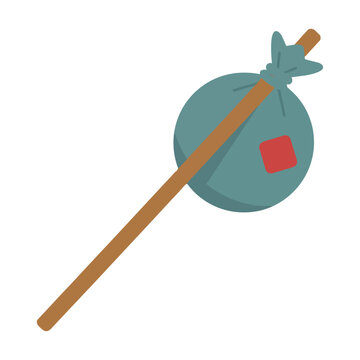 Minimalist cartoon hobo bindle tied to a wooden walking stick isolated on a white background travel and adventure concept