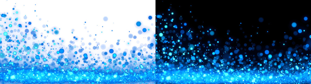 Blue glitter particles rising from a glowing ground base with scattered bokeh circles perfect for tech overlays and festive designs in PNG, Transparent and Black Background Versions for projects