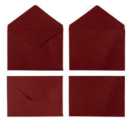 Set of dark red or burgundy paper envelopes in various views, open and closed, front and back sides, isolated on a white background. © Renhue