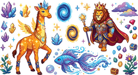 Naklejka premium Fantasy adventure vector asset set with magical winged giraffe king lion fish portals crystals and runes