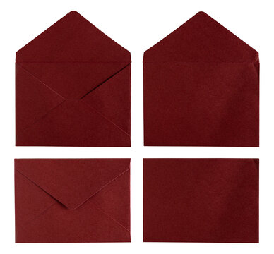 Set of dark red or burgundy paper envelopes in various views, open and closed, front and back sides, isolated on a white background.