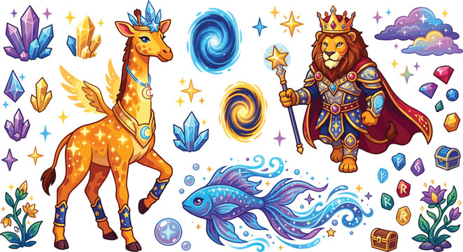 Fantasy adventure vector asset set with magical winged giraffe king lion fish portals crystals and runes