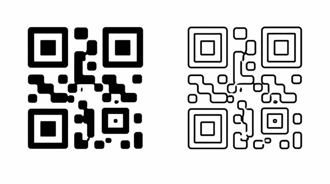 Two contrasting QR code designs, solid black and outline art style