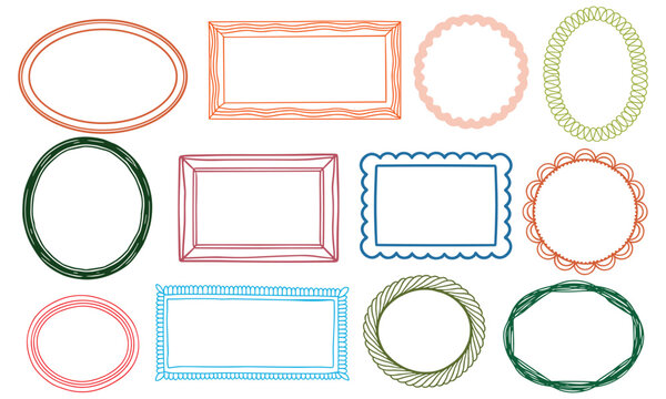 Creative set of whimsical hand-drawn colorful borders and frames in various shapes arranged under even light on white background.