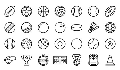 Modern Sports Balls Flat Line Icon Set with Football Soccer Tennis and Basketball Vector Symbols © Mst