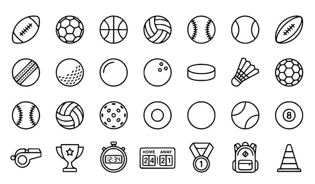 Modern Sports Balls Flat Line Icon Set with Football Soccer Tennis and Basketball Vector Symbols