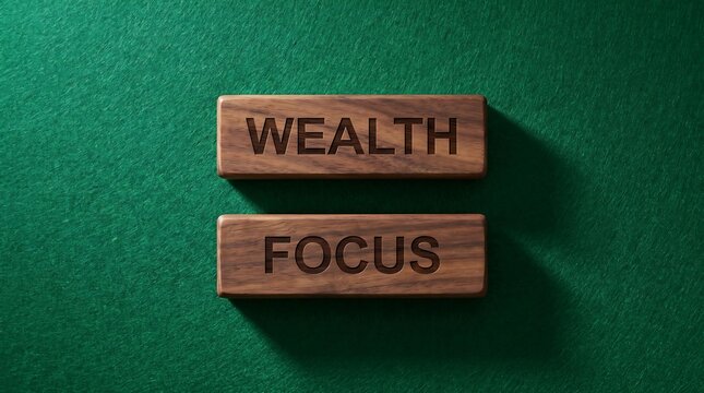 Two polished rectangular wooden blocks featuring engraved text wealth and focus lying horizontally on a vibrant green textured surface captured from a high angle perspective shot