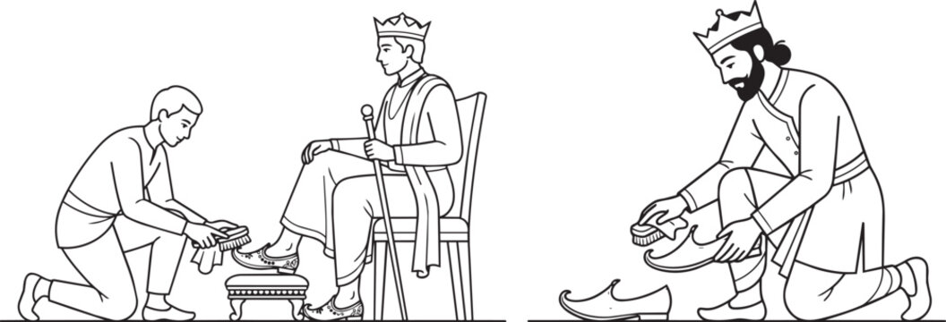 A servant kneeling and polishing a king's shoe, and another king kneeling and polishing his own shoes on white background.