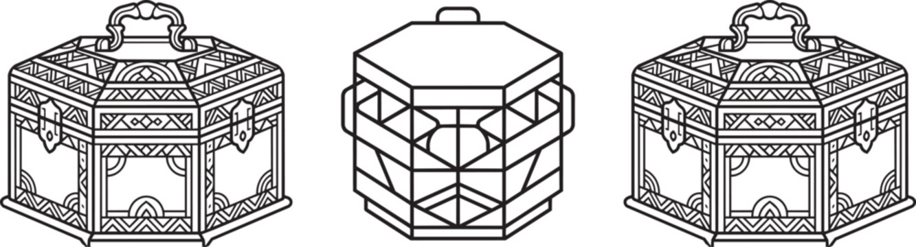 Three decorative hexagonal boxes with intricate patterns and handles, presented in a black and white line art style.