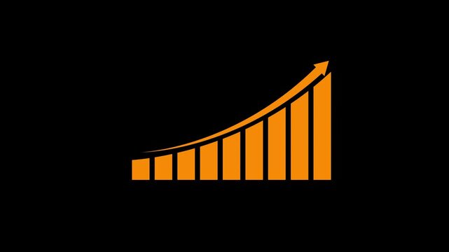 Orange Business Growth Bar Chart with Upward Curved Arrow Animation on Black Background Seamless Loop Motion Graphics